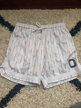 White Multicolor Athletic Mesh Shorts with Drawstring
